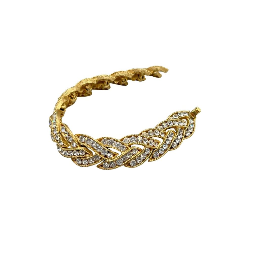 Vintage Signed Trifari Gold Tone Braided Bracelet with Clear Rhinestones